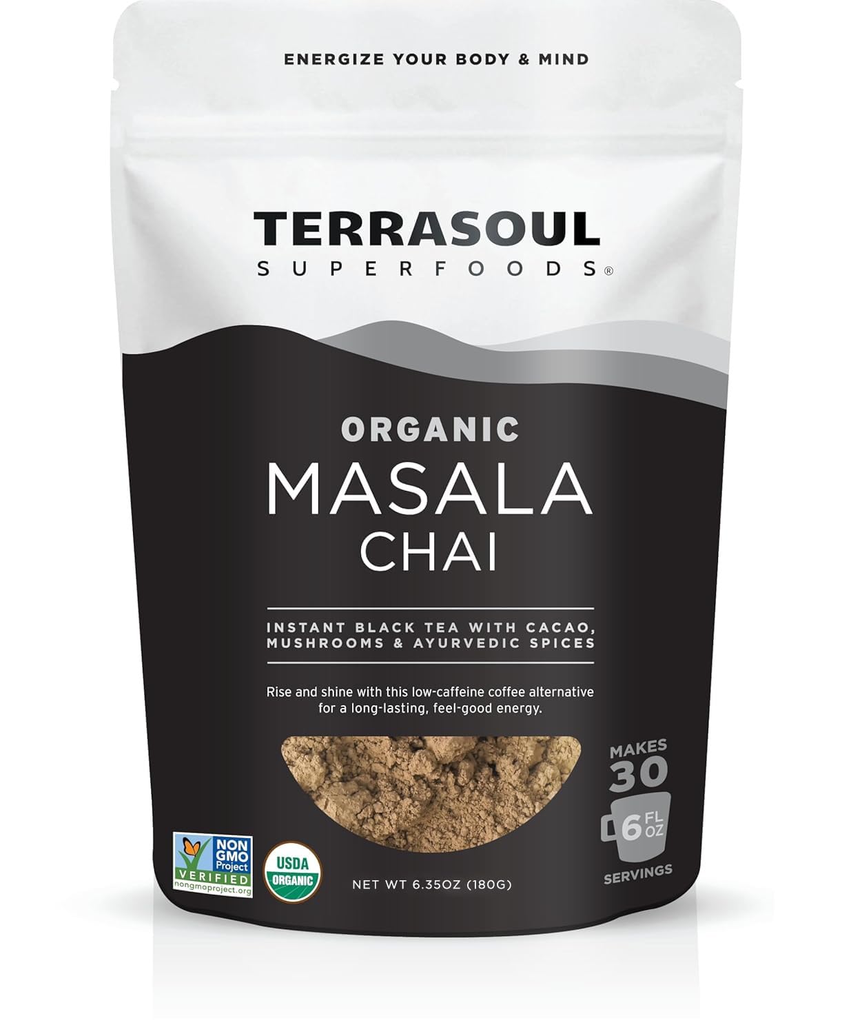 Terrasoul Superfoods front package view showing organic instant masala chai benefits