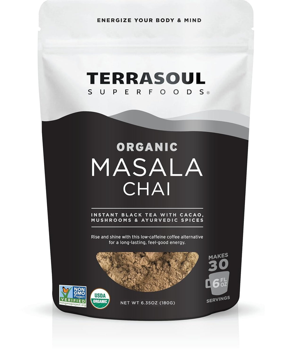 Terrasoul Superfoods front package view showing organic instant masala chai benefits