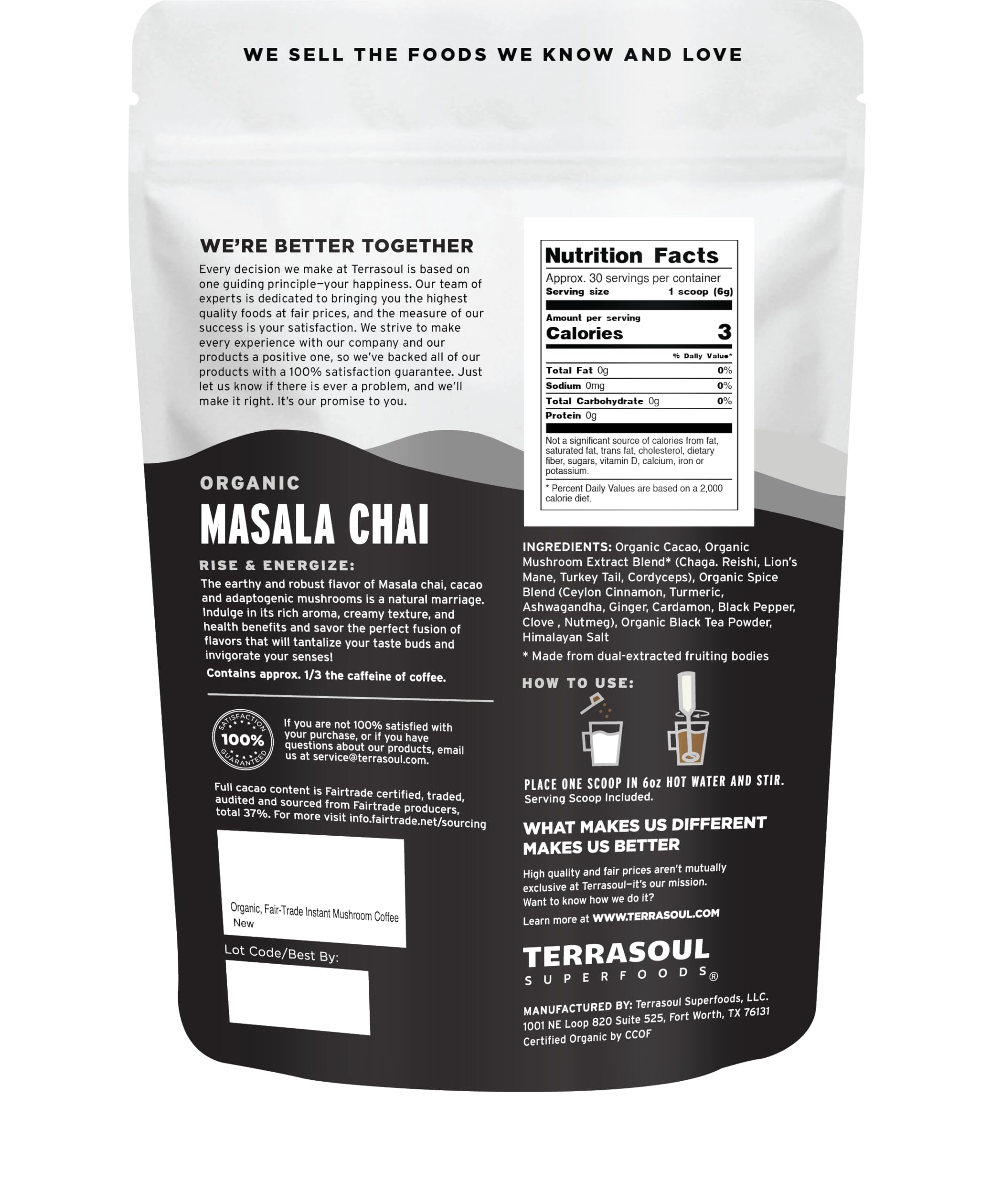 Terrasoul Superfoods arranged ingredients including mushrooms and spices highlighting quality sourcing