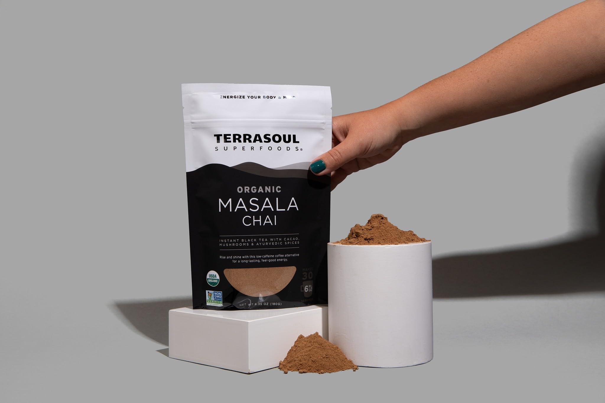 Terrasoul Superfoods hot cup of masala chai steaming and offering warming flavor