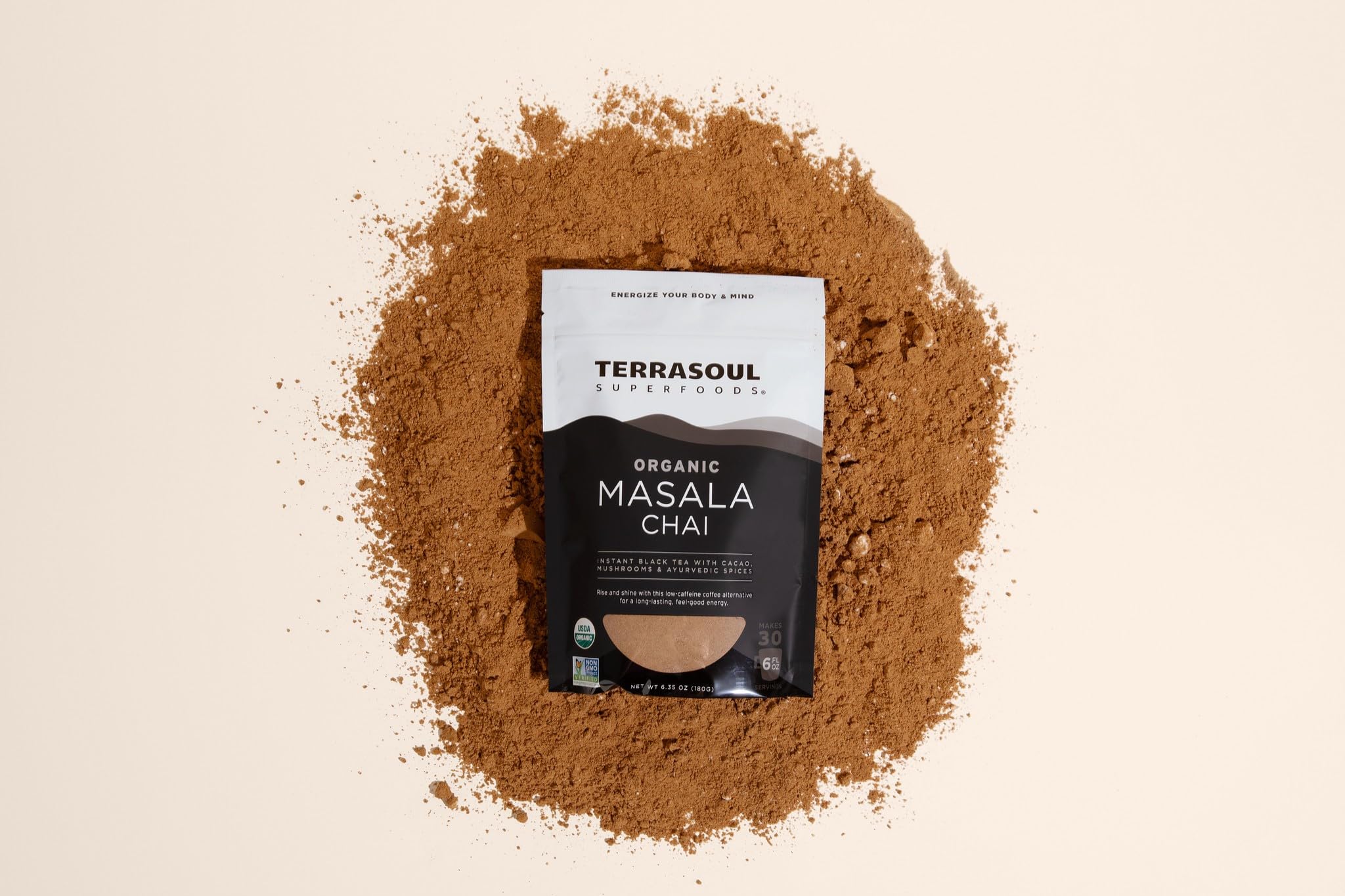 Terrasoul Superfoods measuring spoon of chai powder ready to dissolve for convenience