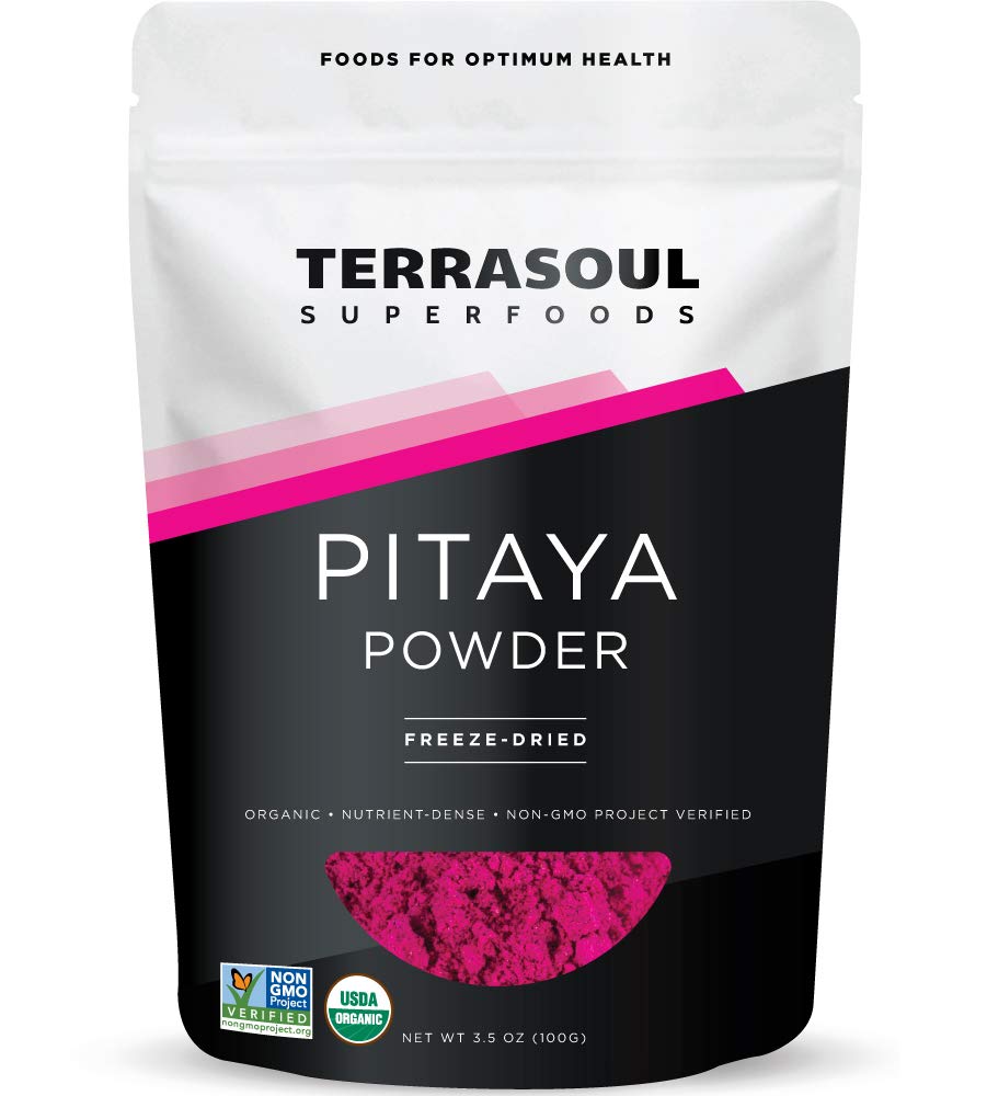 Terrasoul Superfoods pouch front view displaying vibrant pitaya powder and benefits