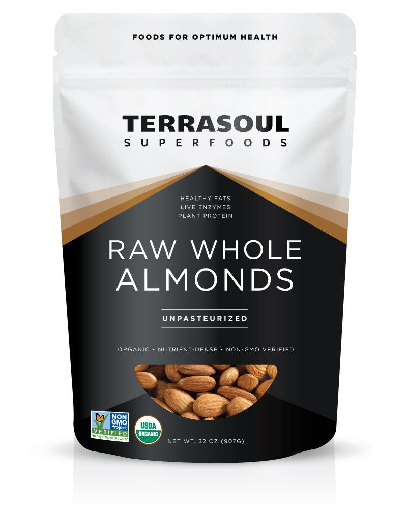 Terrasoul Superfoods front packaging showing resealable 2 lb organic almonds and label benefits