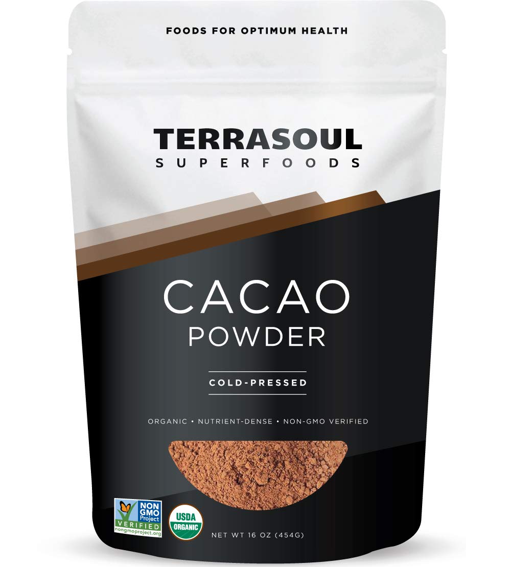 Terrasoul cacao front packaging showing two 1 lb pouches and product benefit