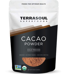 Terrasoul Superfoods pouch front showing organic cacao for pantry-ready chocolate flavor