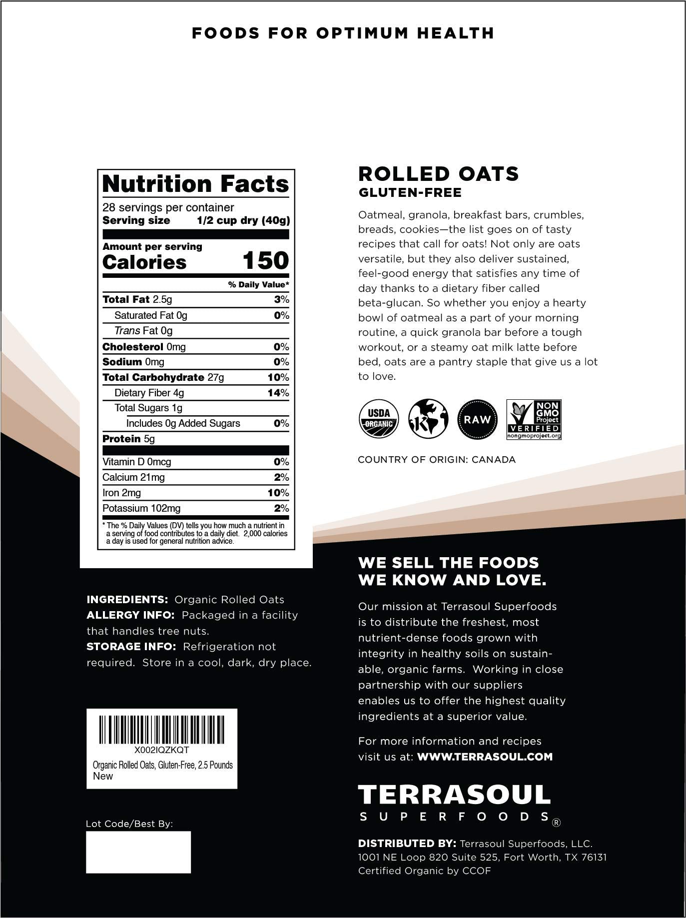 Terrasoul Superfoods open pouch close-up showing flaky oat texture and easy scoopability