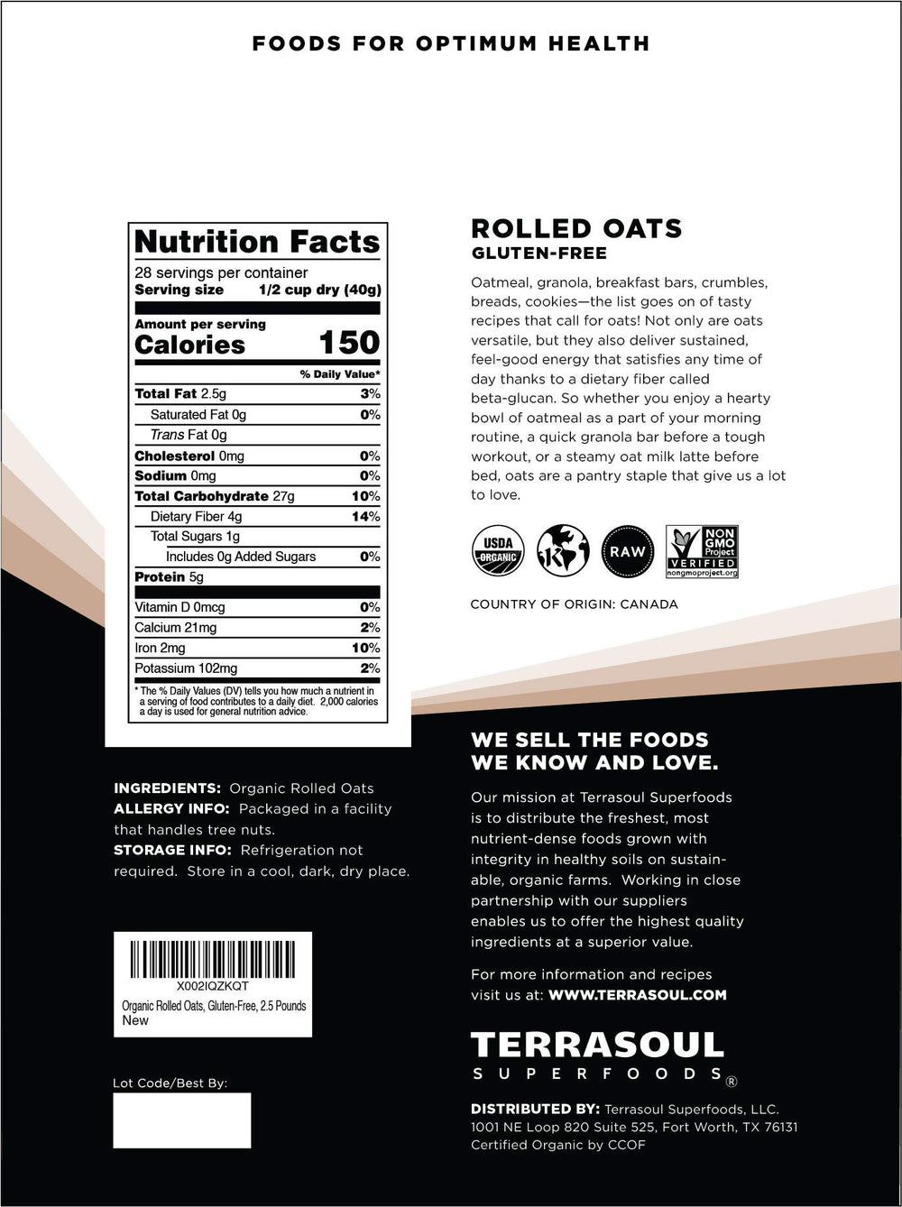 Terrasoul Superfoods open pouch close-up showing flaky oat texture and easy scoopability