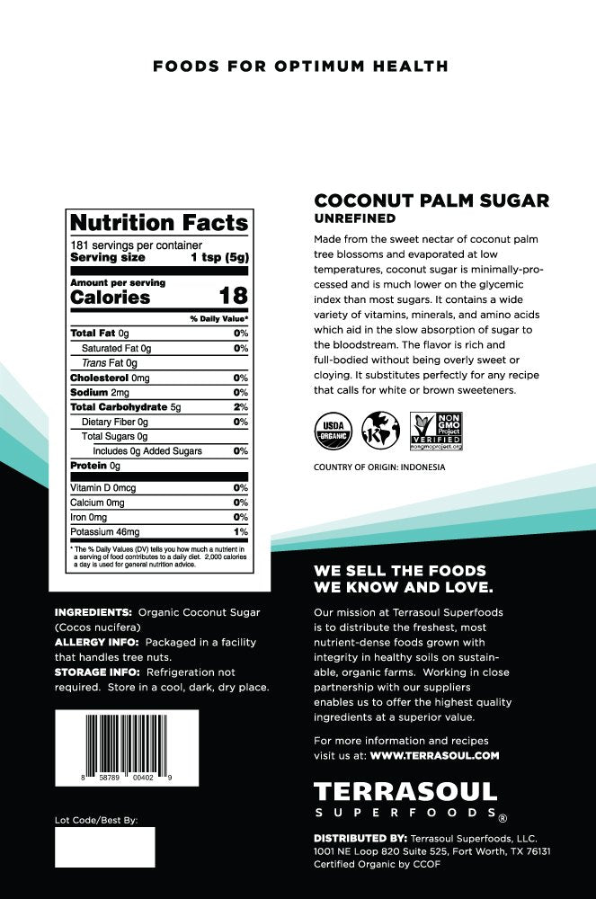 Close-up of Terrasoul Superfoods coconut sugar granules highlighting texture and natural minerals