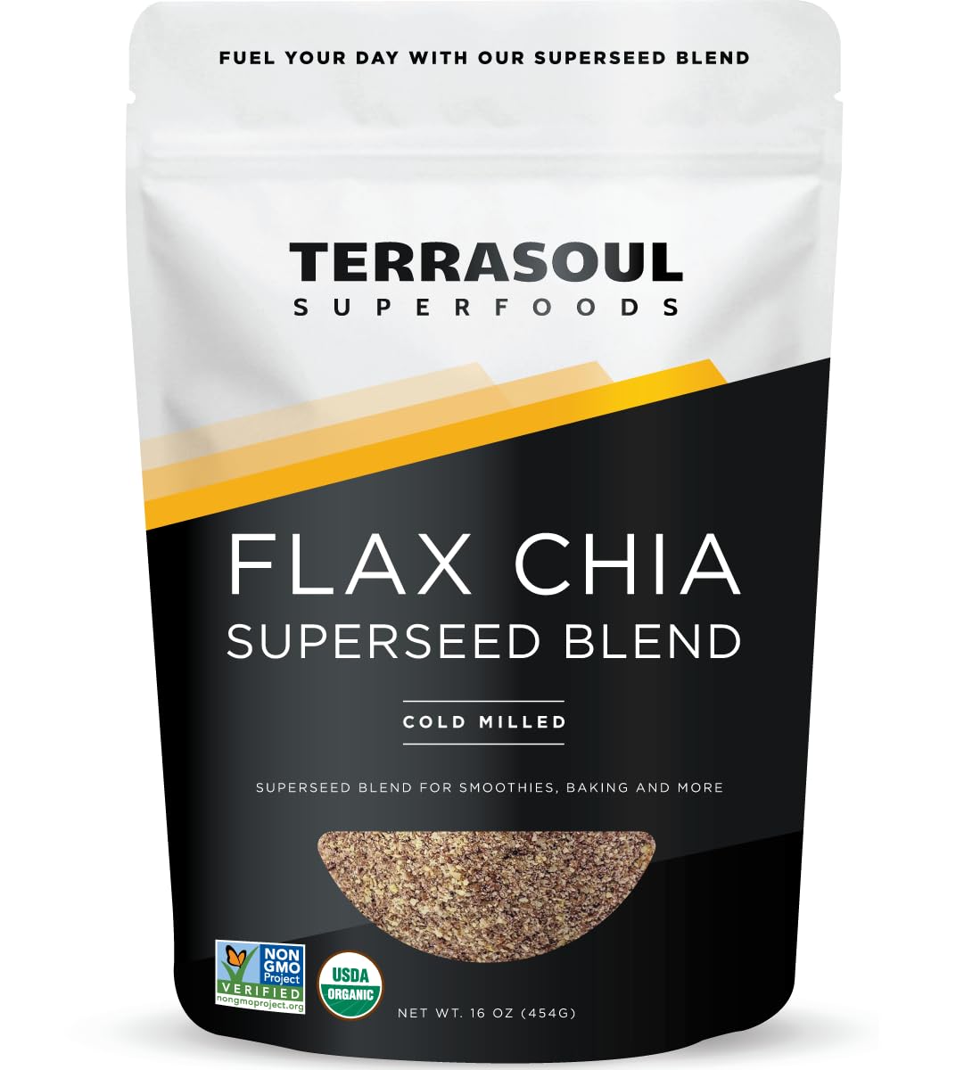 Terrasoul Superfoods front packaging showing organic flax chia blend benefit: pantry-ready nutrition