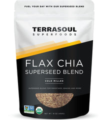 Terrasoul Superfoods front packaging showing organic flax chia blend benefit: pantry-ready nutrition