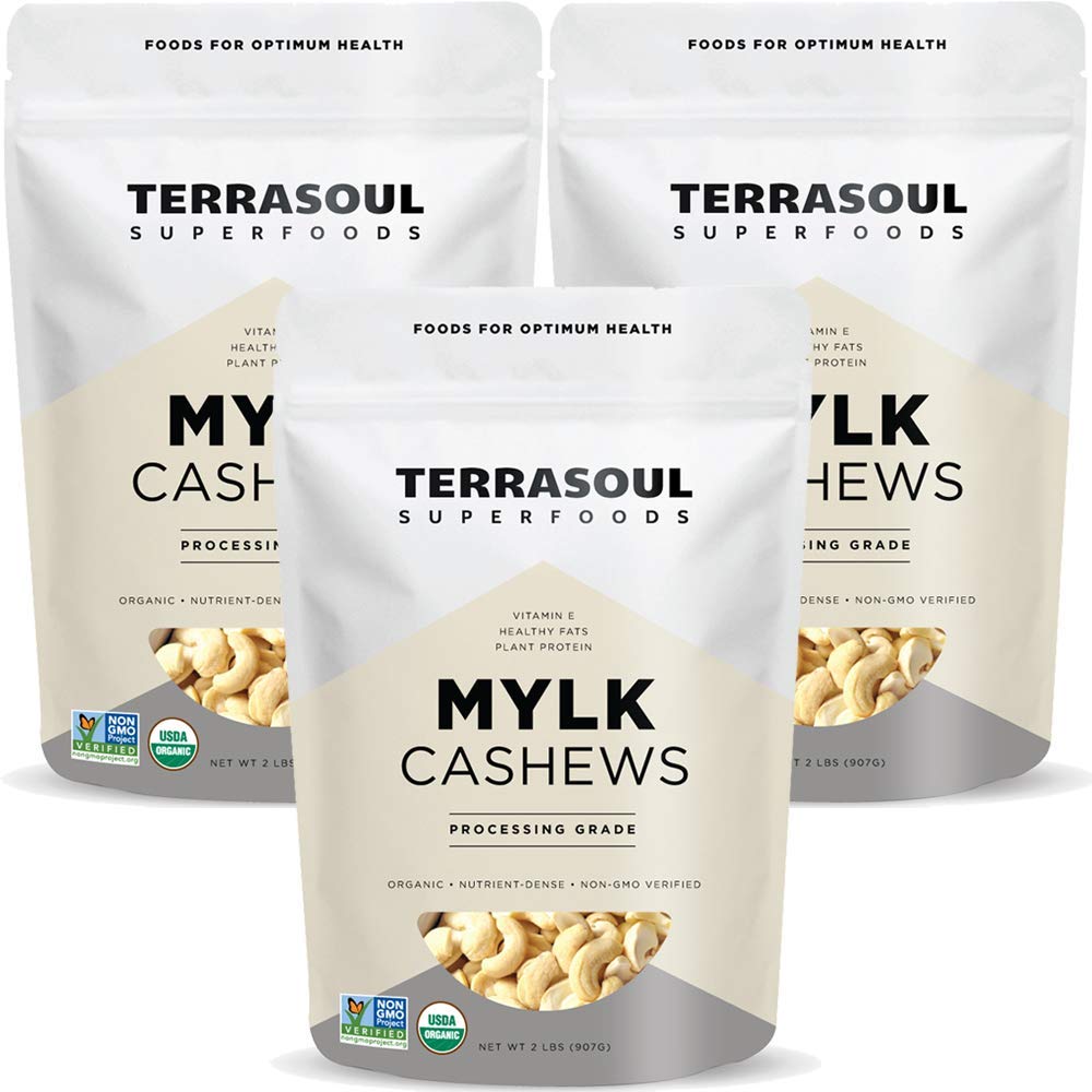 Terrasoul Superfoods front packaging showing organic cashew three-pack and convenience
