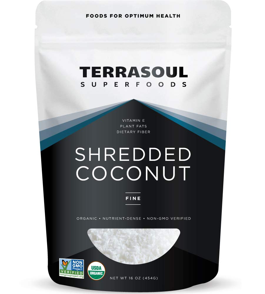 Terrasoul Superfoods front pouch showing fine shredded coconut and label benefits