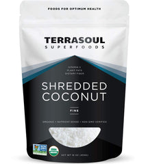 Terrasoul Superfoods front pouch showing fine shredded coconut and label benefits