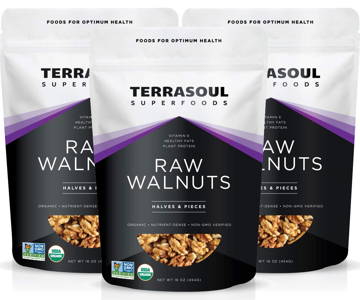 Terrasoul Superfoods front packaging showing 3-pack organic walnuts, conveys freshness