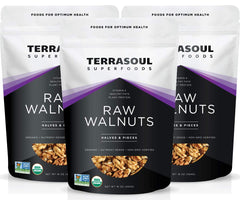 Terrasoul Superfoods front packaging showing 3-pack organic walnuts, conveys freshness
