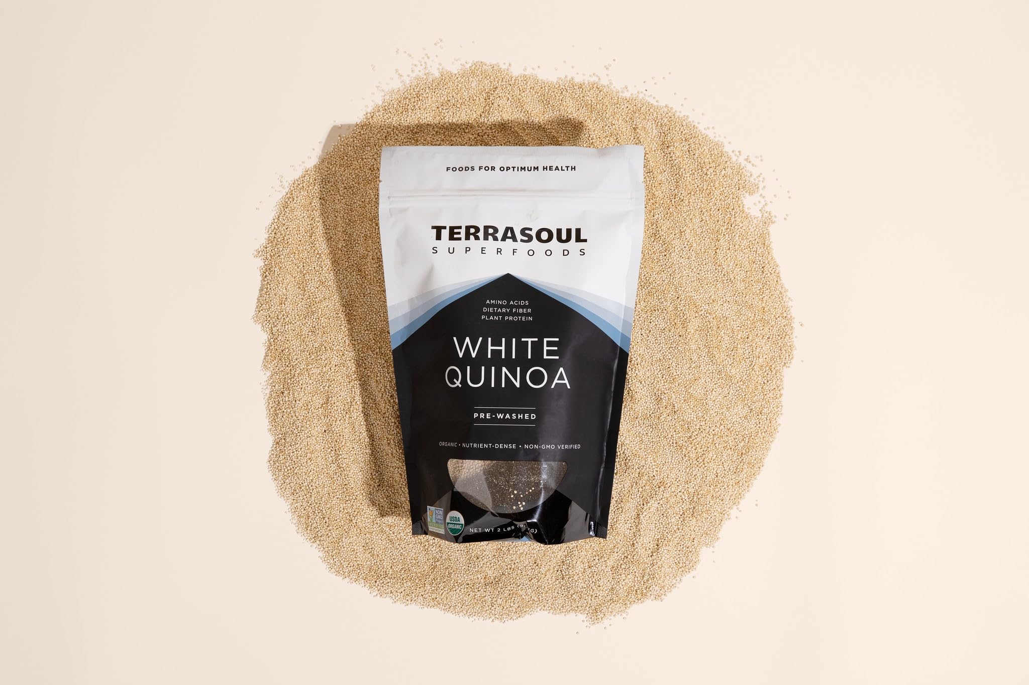 Terrasoul Superfoods open bag with visible quinoa emphasizing pre-washed convenience