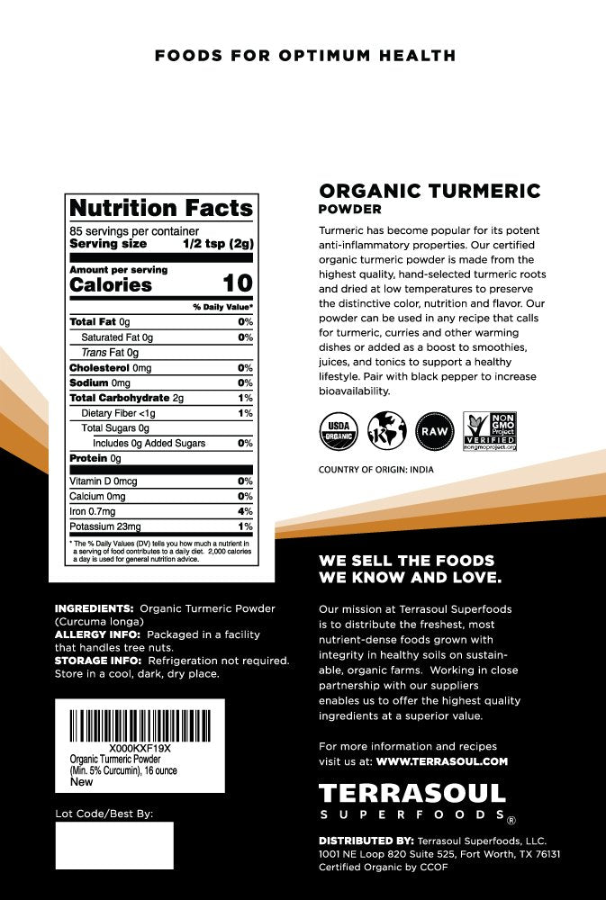 Terrasoul Superfoods close-up of turmeric fine texture showing smooth blendability