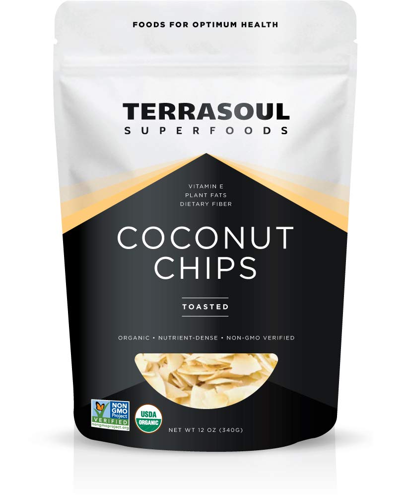 Terrasoul Superfoods front pouch view showing organic toasted coconut chips and packaging benefit