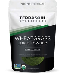 Terrasoul Superfoods front pouch showing organic wheatgrass powder, easy green boost