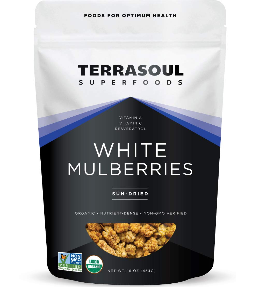 Terrasoul Superfoods front packaging of 16 oz mulberries showing organic label and benefits