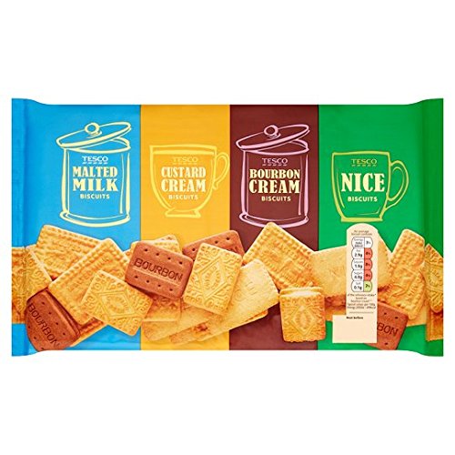 Tesco biscuit barrel front packaging showing variety and convenience