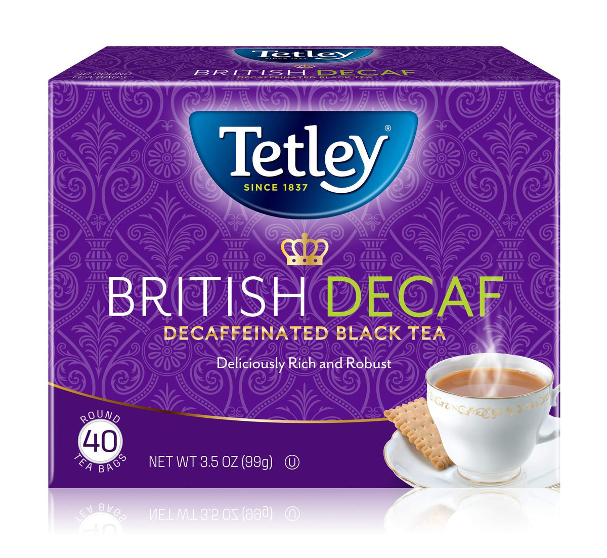 Tetley front packaging showing brand and decaf benefit