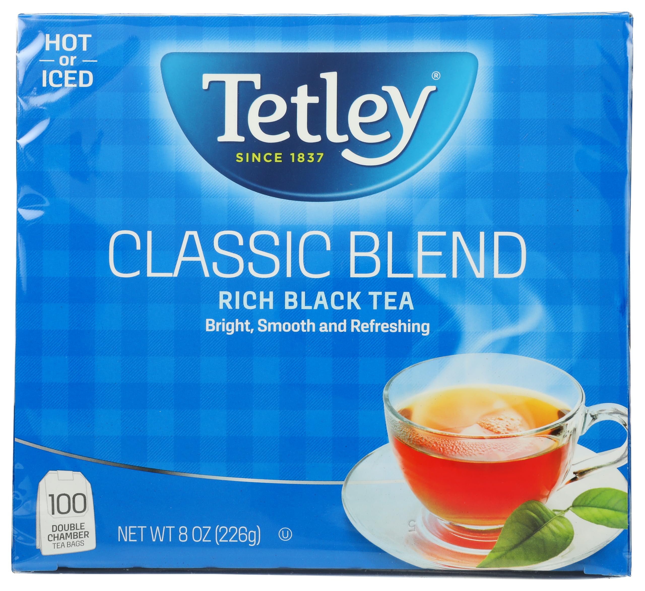 Tetley front packaging showing 100-count box and clear product benefit