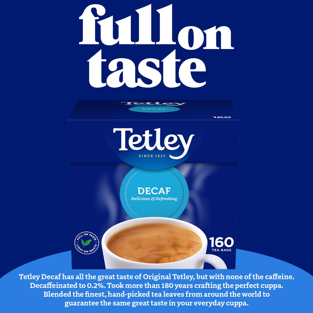 Tetley decaf brewed cup top view showing rich color, indicating robust taste