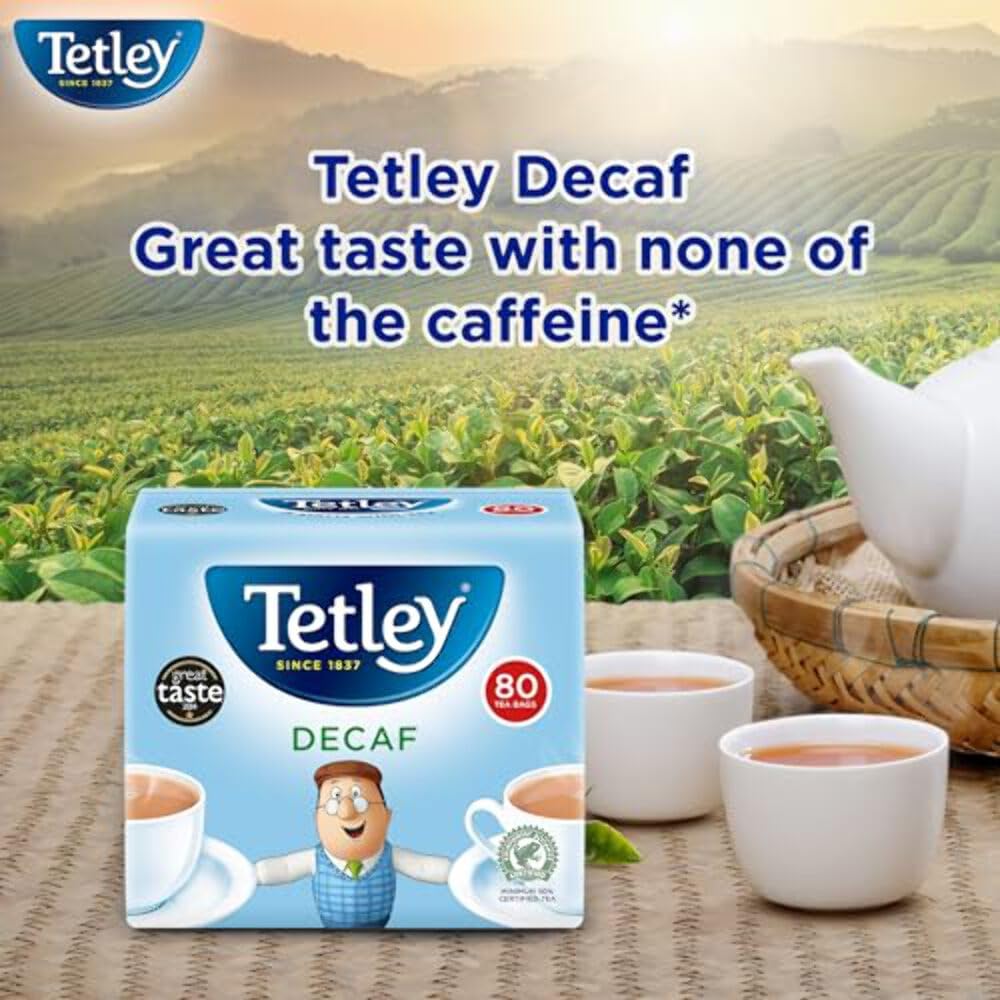 Tetley decaf close-up of tea bag tag showing durable string and branding