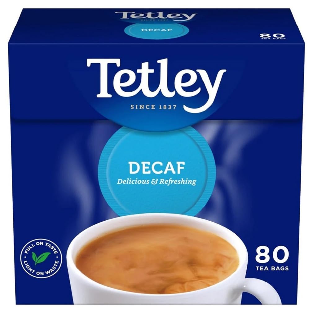 Tetley decaf front box showing 80ct and brand for convenient supply