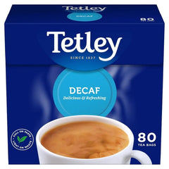 Tetley decaf front box showing 80ct and brand for convenient supply