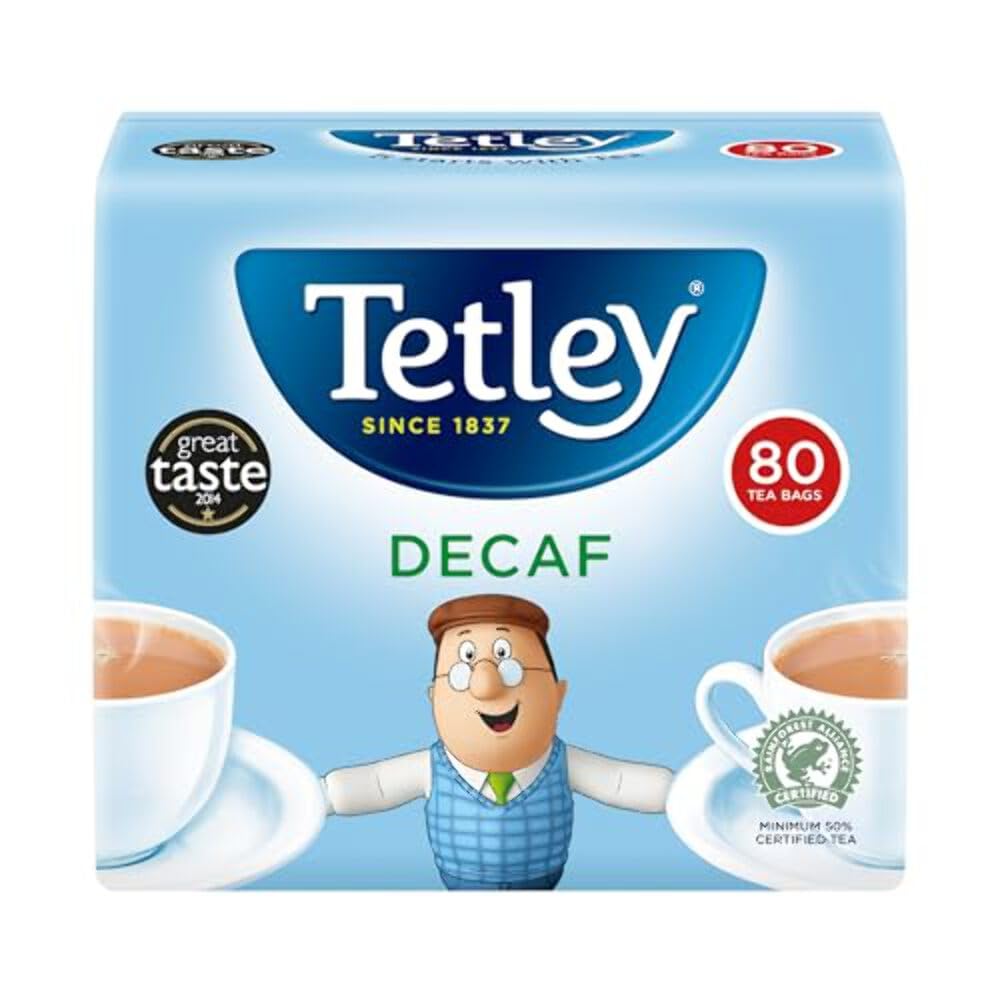 Tetley decaf front pack showing brand and bag count for convenient storage