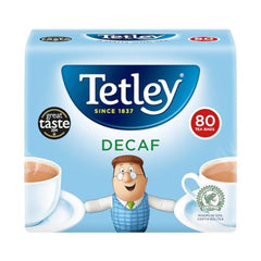 Tetley decaf front pack showing brand and bag count for convenient storage