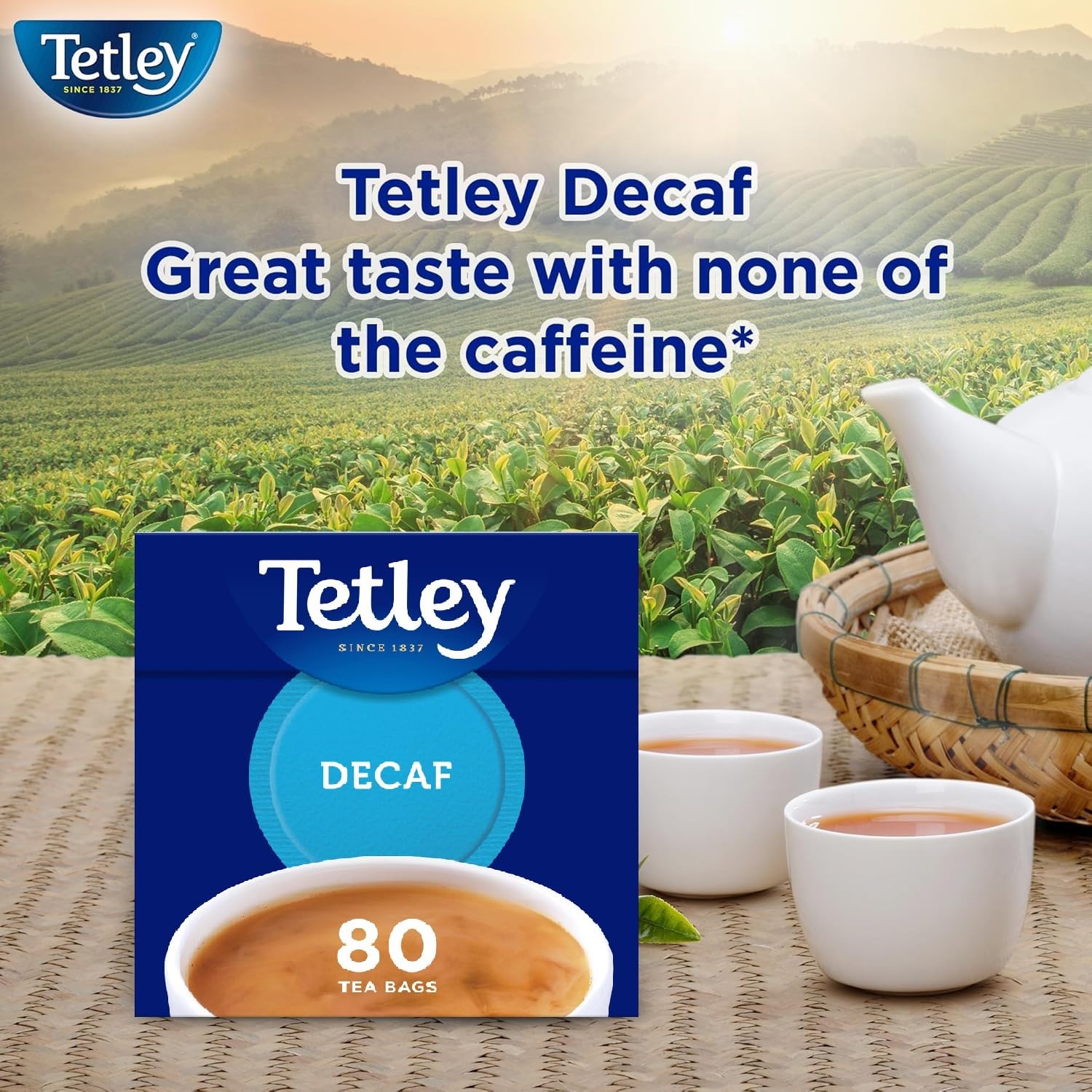 Tetley decaf individual tea bag wrapped to preserve freshness