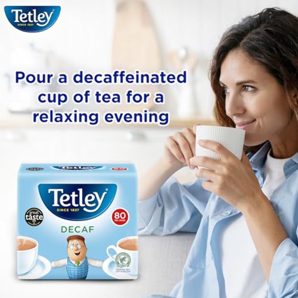 Tetley decaf open box with tea bag visible highlighting easy access
