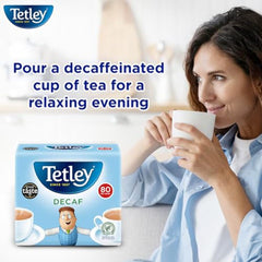 Tetley decaf open box with tea bag visible highlighting easy access