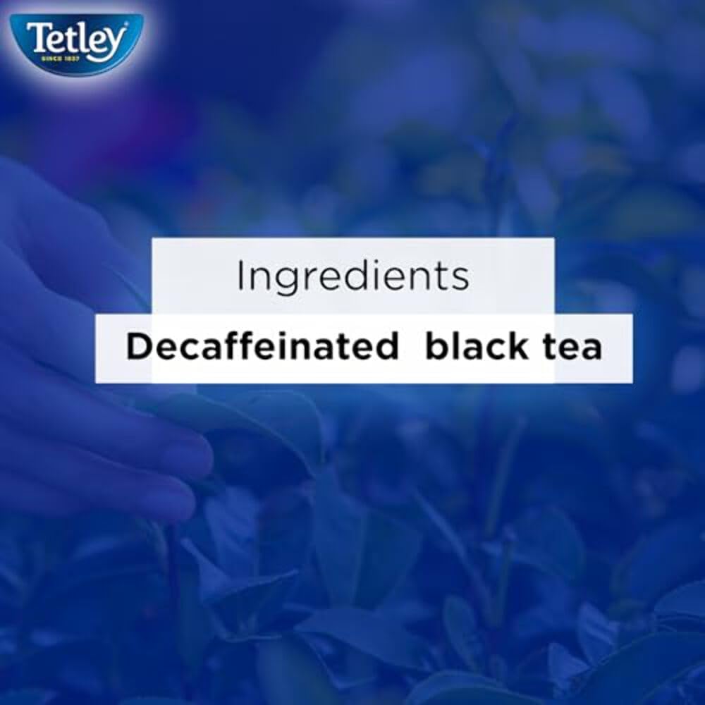 Tetley decaf pack beside common items to show 250g size for portioning