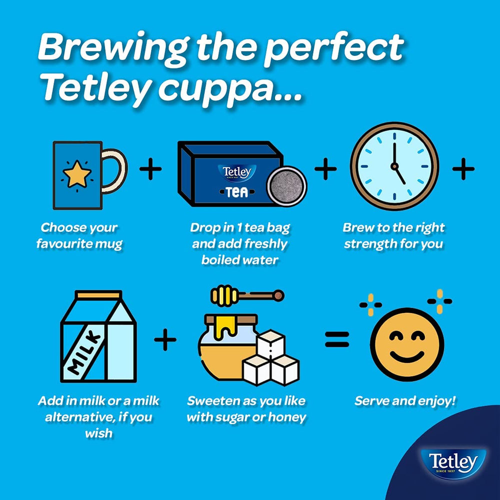 Tetley decaf size comparison next to a mug to show 80-count value