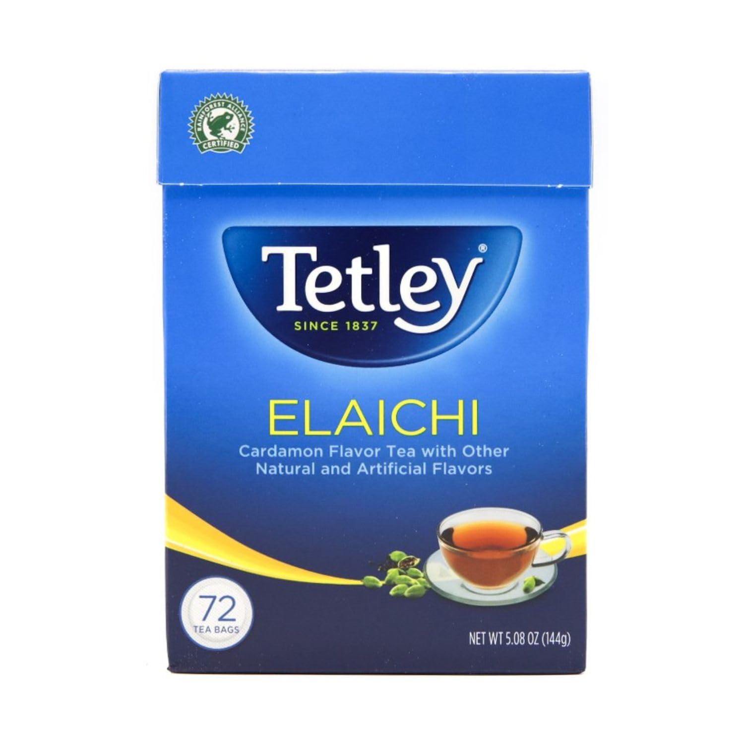 Tetley Elaichi cup served in a cozy setting with steam, showing brand aroma and comforting warmth