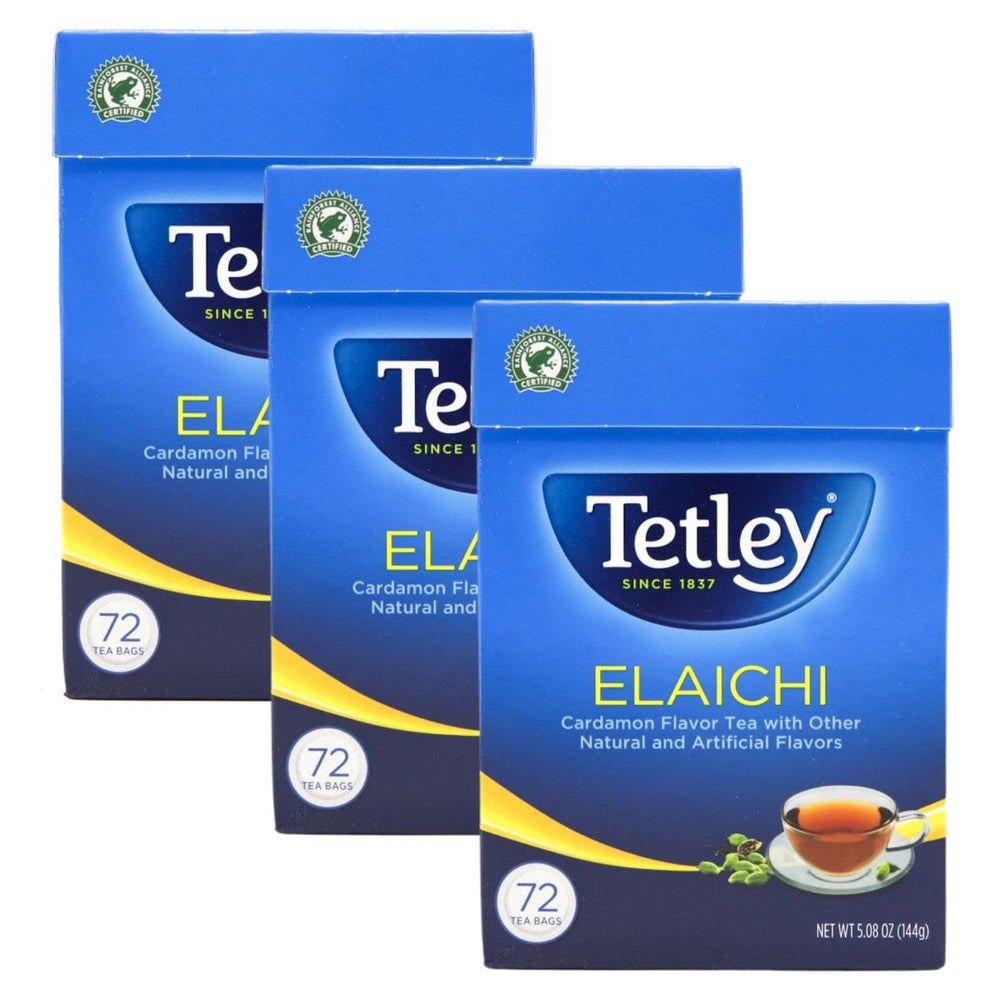 Tetley Elaichi front packaging showing 72 tea bags and cardamom note for pantry convenience