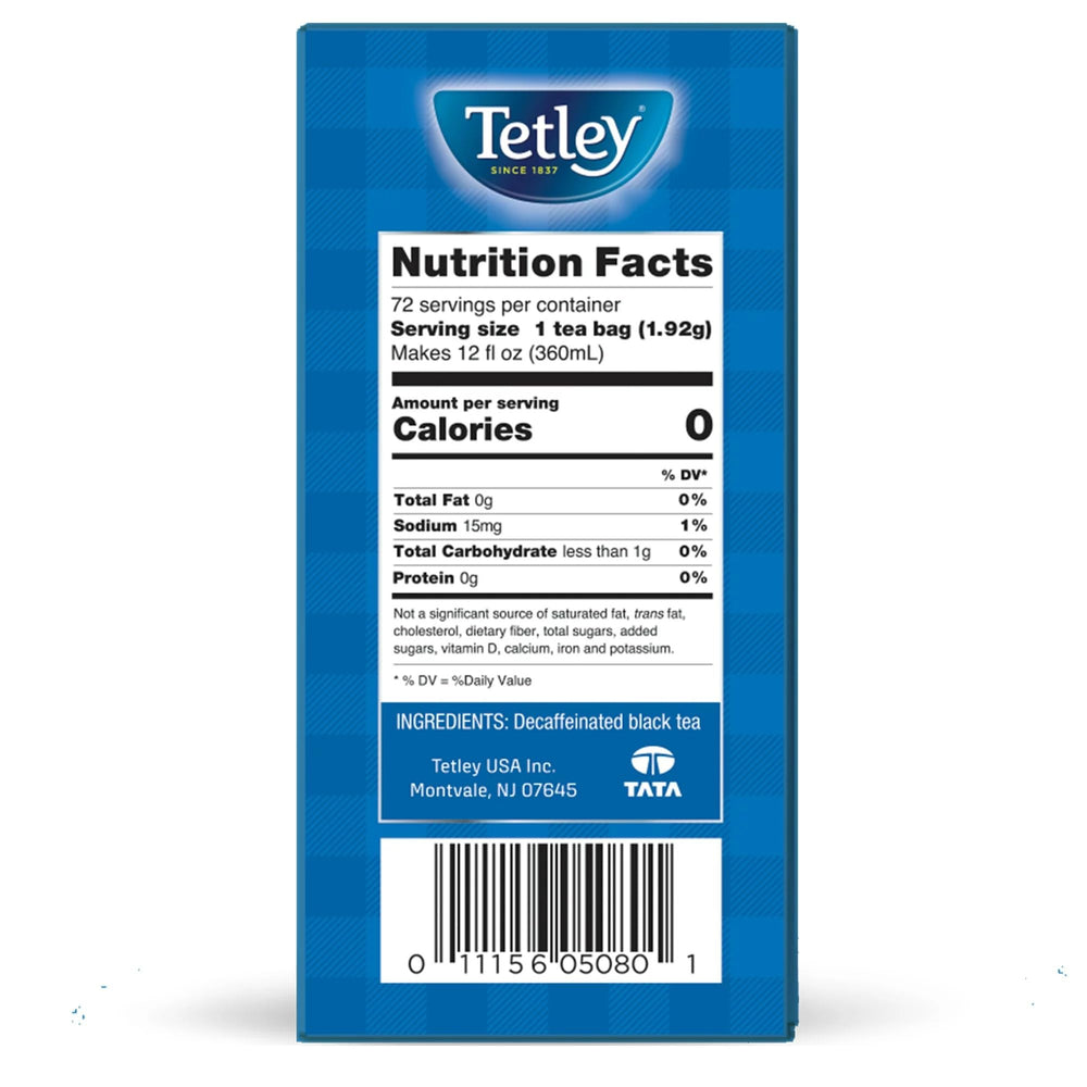 Tetley open box with arranged teabags highlighting the 72-count convenience