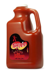 Texas Pete Hotter front bottle showing one-gallon container and bold label benefit: bulk heat