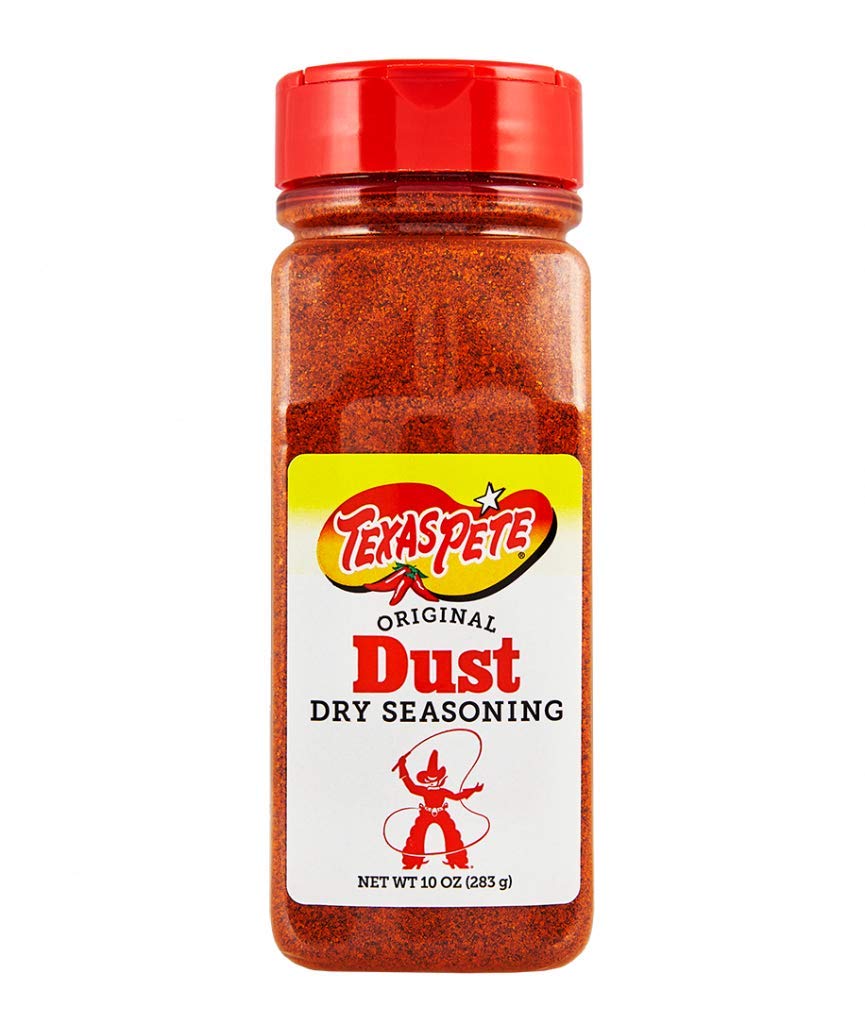 Texas Pete Original Dust front packaging showing 10oz shaker, bold flavor