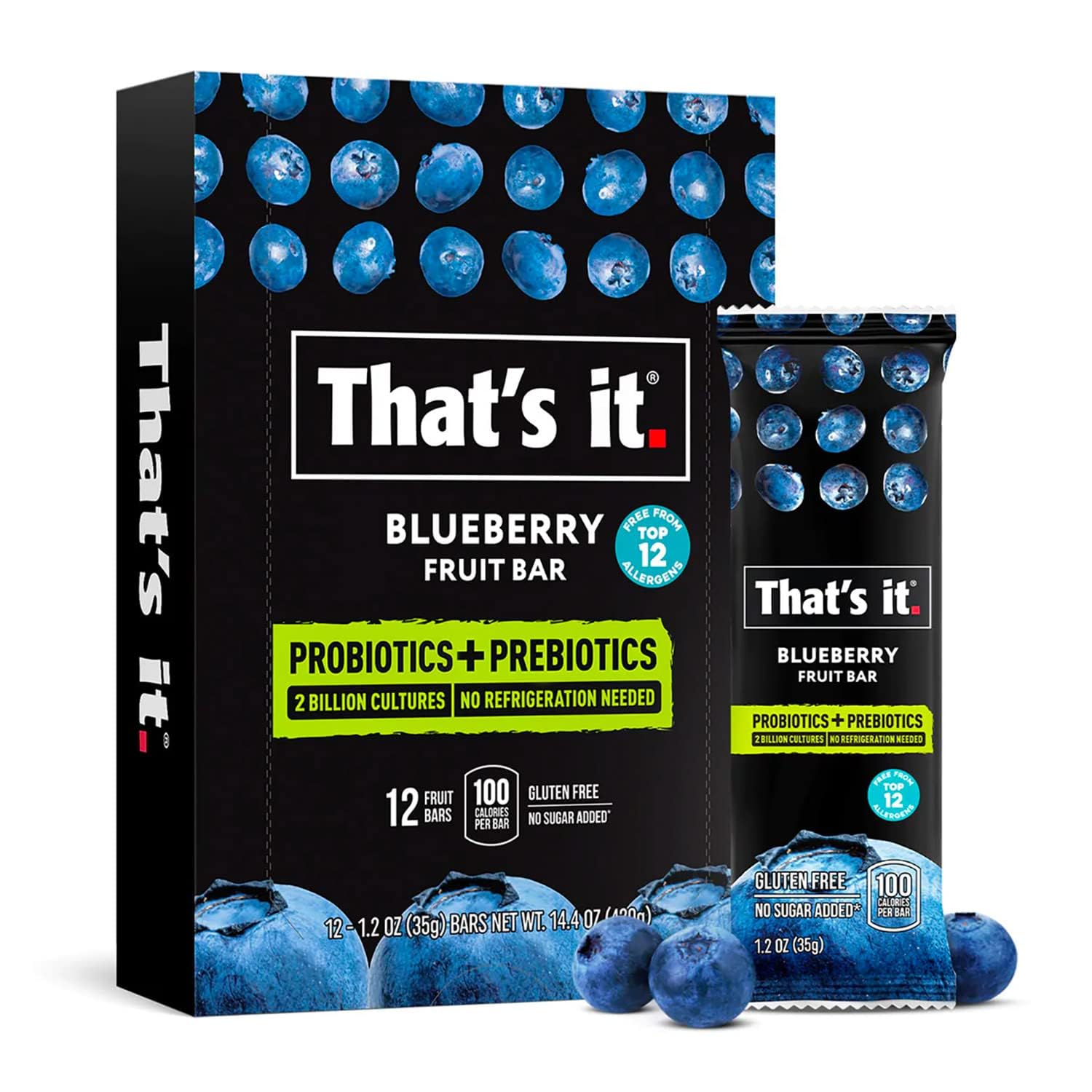 That's it. blueberry front packaging showing twelve bars and probiotic callout benefit