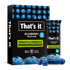 That's it. blueberry front packaging showing twelve bars and probiotic callout benefit