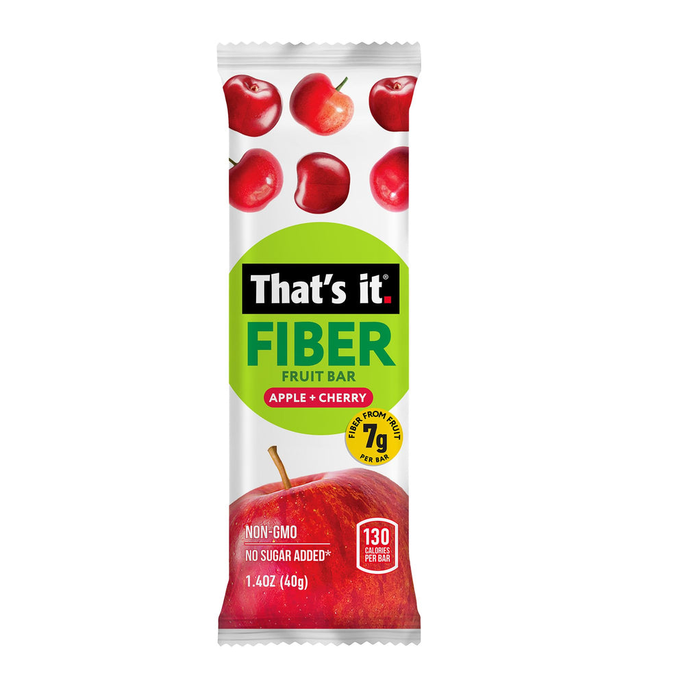 That's it. unwrapped cherry bar on white plate, easy ready-to-eat snack