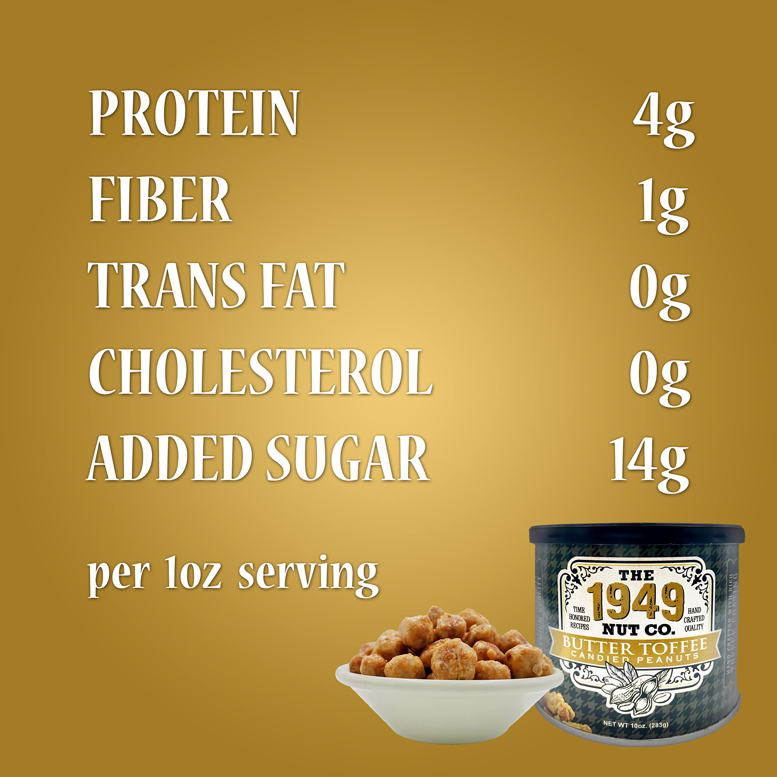 The 1949 Nut Co. peanuts beside a hand showing extra-large nut size