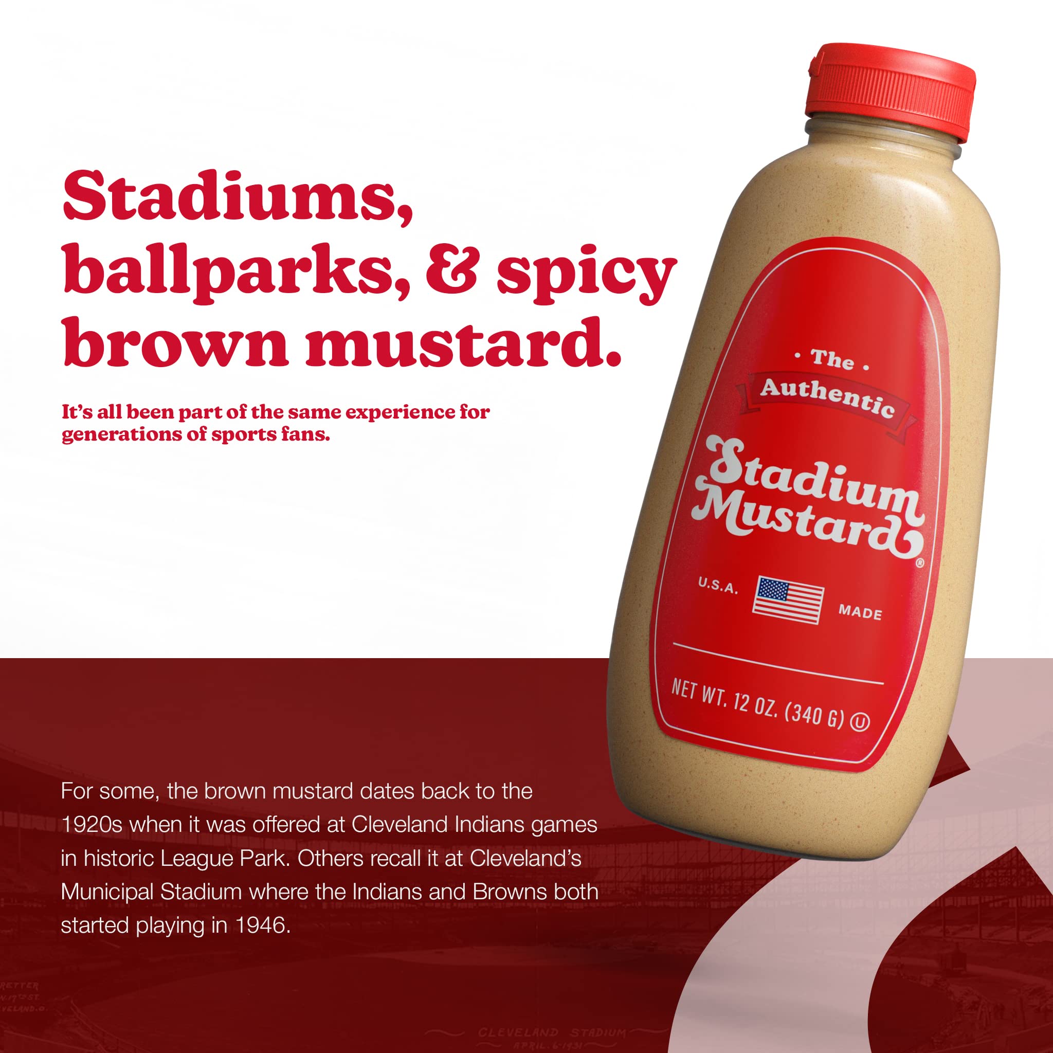 Close-up of The Authentic Stadium Mustard label highlighting natural ingredients and tradition