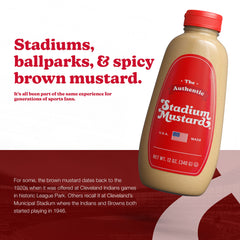 Close-up of The Authentic Stadium Mustard label highlighting natural ingredients and tradition