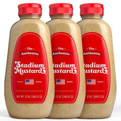 The Authentic Stadium Mustard front packaging showing brand and 12oz bottle, enhances shelf appeal